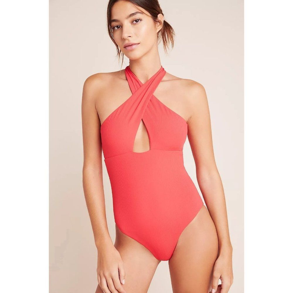 Anthropologie Coral Cross-Front One-Piece Swimsuit